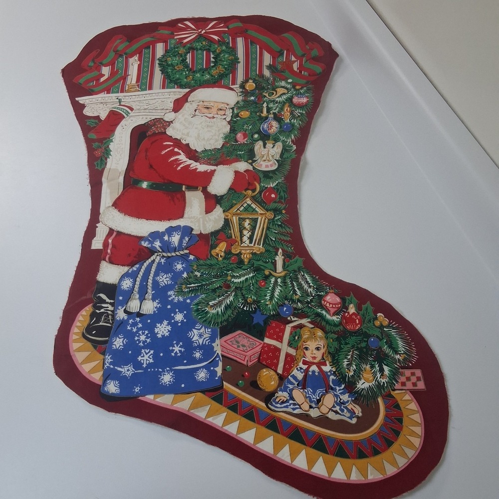Vintage Santa Christmas Stocking Fabric Panel Cutout Retro Holiday Wall Hanging